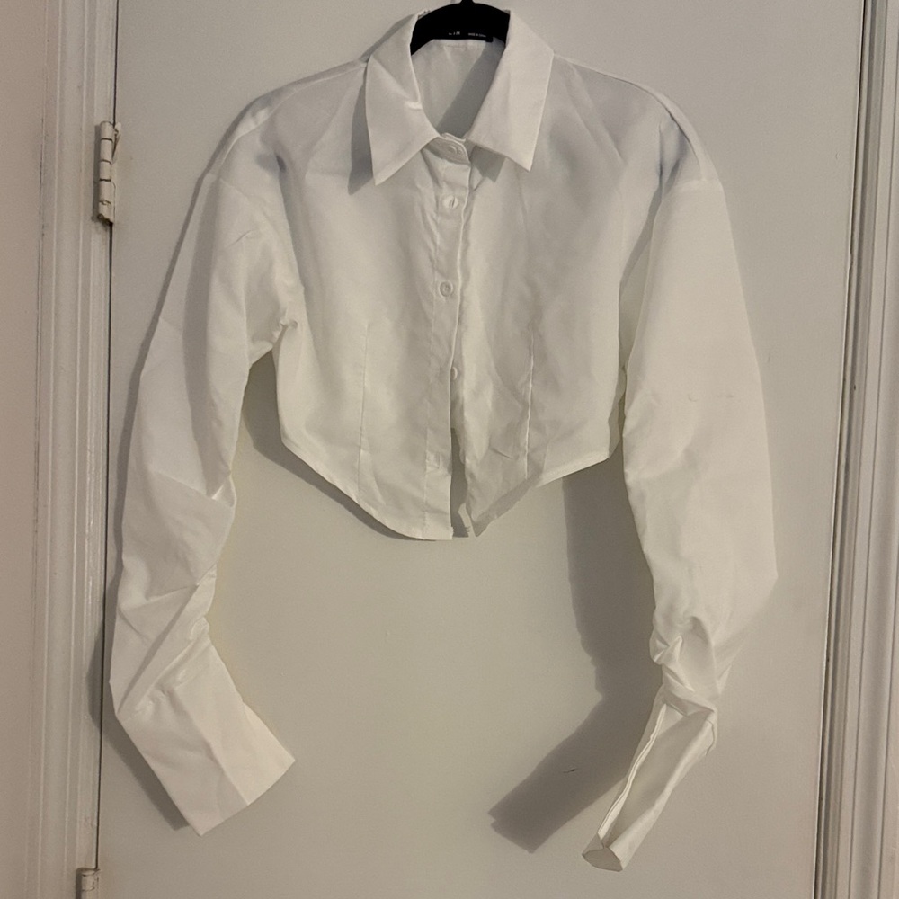 White Cropped Button-Up Shirt - Women's Top